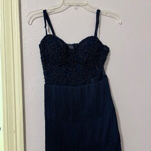 B Darlin Strapless Navy Dress with Beaded Bodice